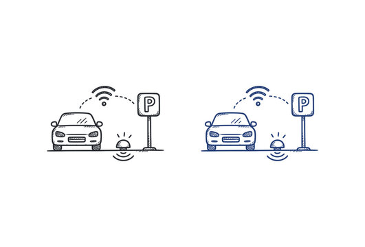 Smart parking system sketch with car and wireless sensor icons for urban technology concept.