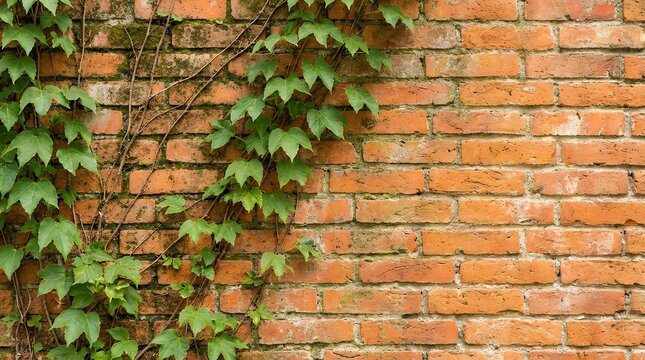 Textured Old Orange Brick Wall with Green Vine Leaves: Natural Growth Background Featuring Weathered Bricks and Climbing Foliage growth texture of old orange brick wall large and green vine leaves