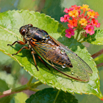 Detailed Oil Painting Cicada With Dew On Leaf Lantana Flower Summer Nature