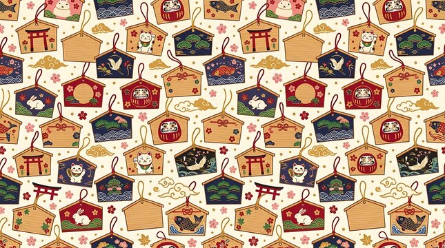 Seamless pattern of traditional japanese ema wooden votive plaques