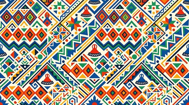 Vibrant ethnic geometric pattern with colorful tribal motifs