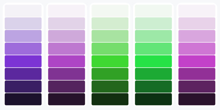 Color palette swatches vector set, purple and green gradient color schemes, design guide charts for digital art and branding