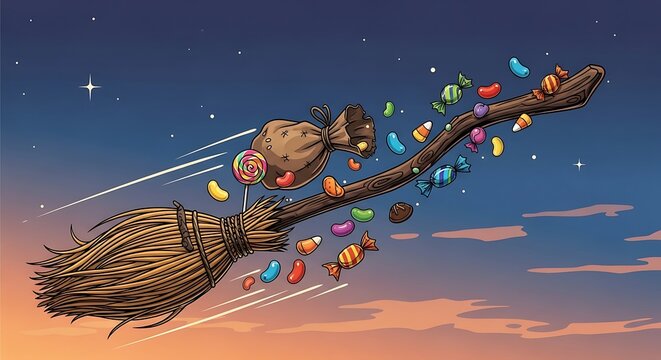 Magical flying wooden broom carrying a sack full of delicious sweet treats across the evening sky during festival celebrations for children and families enjoying holiday fun together