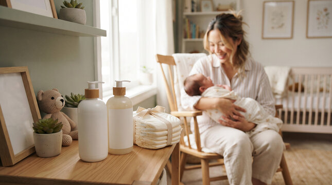 A mother lovingly cradles her newborn baby in a warm and cozy nursery. The scene is filled with soft light and a sense of gentle peace