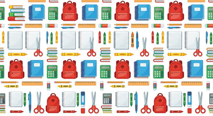 Naklejka premium School supplies feature a repeating pattern of backpacks, notebooks, calculators, and stationery items arranged to create a vibrant educational backdrop for students.