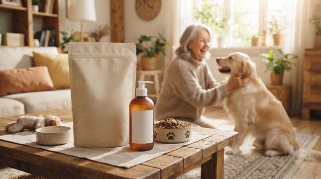 A woman is happily petting her dog in a cozy living room, with a bag of dog food and a bottle of soap on a table in front of them