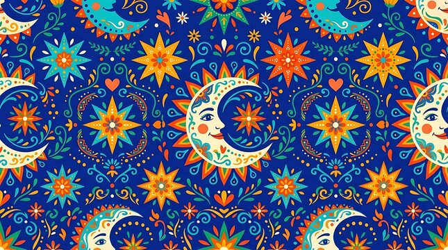 Vibrant celestial pattern with crescent moon and stars in folk style