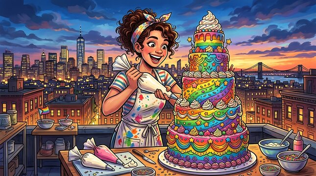 Happy woman decorating a tiered rainbow cake on a city rooftop
