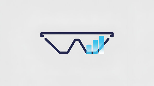 Minimalist blue glasses icon featuring an ascending growth bar chart design representing data visualization analytics strategy intelligence finance progress success forward thinking digital vision tec