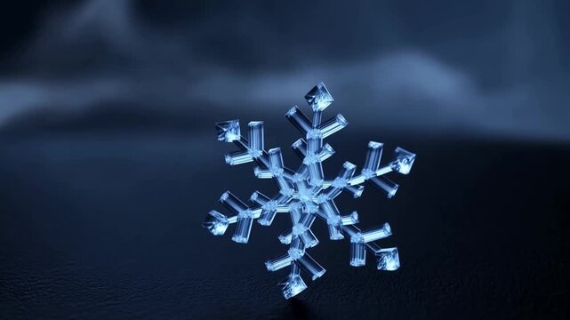 Slow motion rotating snowflake crystal hovering above dark textured surface in studio close up macro shot