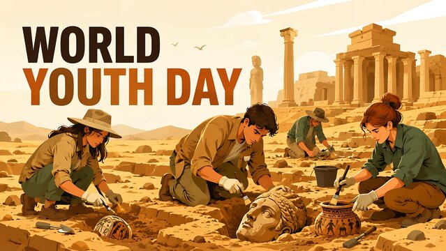 World Youth Day concept illustration featuring young archaeologists excavating ancient ruins and artifacts, AI generated