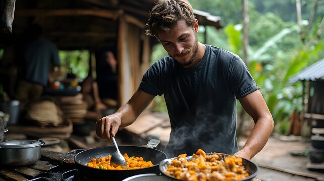 Explorer tasting local jungle cuisine at a rustic community kitchen, hands-on cooking with vibrant ingredients, cultural immersion in tropical village setting, elegantly showcasing food.