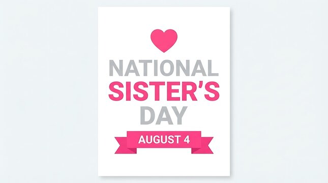 National Sister's Day greeting card on August 4, pink heart and ribbon banner on white background, minimalist holiday celebration poster