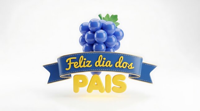 Feliz Dia dos Pais Portuguese greeting, Father's Day celebration banner with blue grapes, 3D render holiday typography on white background