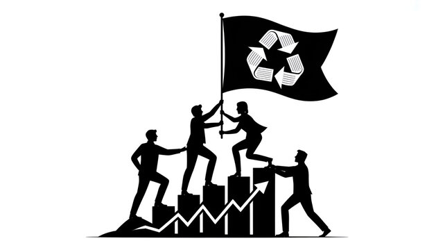 Professional business team members working together in a unified effort to plant a large recycling flag on top of a growing financial chart representing corporate sustainability and environmental succ