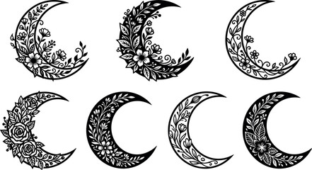 Boho Floral Crescent Moon Silhouette Icon Set with Ornate Intricate Leaves, Roses, and Flowers for Mystical Botanical Tattoo Graphic Designs © MstAfrinaAkter