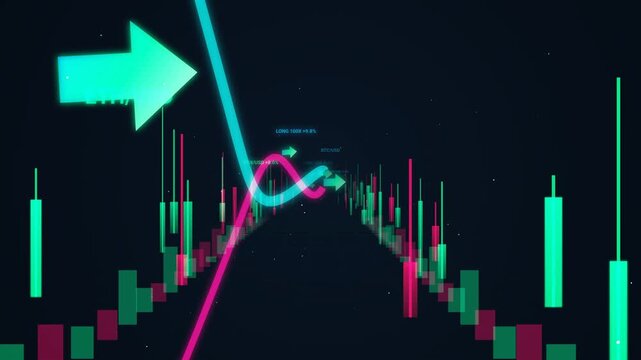 3D animation flying through glowing stock market candlestick charts and rising arrows showing a financial bull run and cryptocurrency trading growth