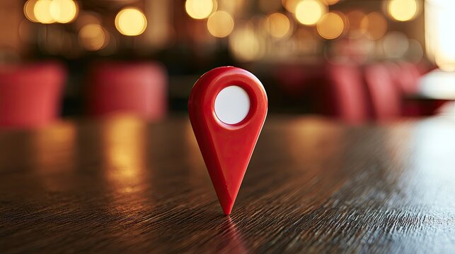 Red map pin stands on wooden table, bokeh lights background