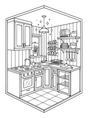 Fototapeta premium Cozy isometric kitchen interior coloring page for adults and kids line art