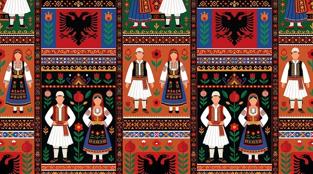 Seamless pattern featuring traditional folk dancers and ethnic symbols