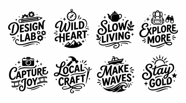 This artistic piece showcases a collection of inspirational phrases that emphasize creativity, exploration, and a joyful lifestyle, conveyed through minimalistic black and white design.