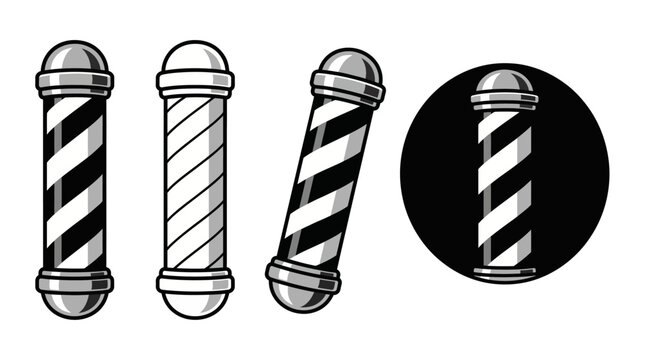This image showcases a series of classic barber pole illustrations that capture the timeless style and elegance of traditional barbershops in a monochromatic palette.