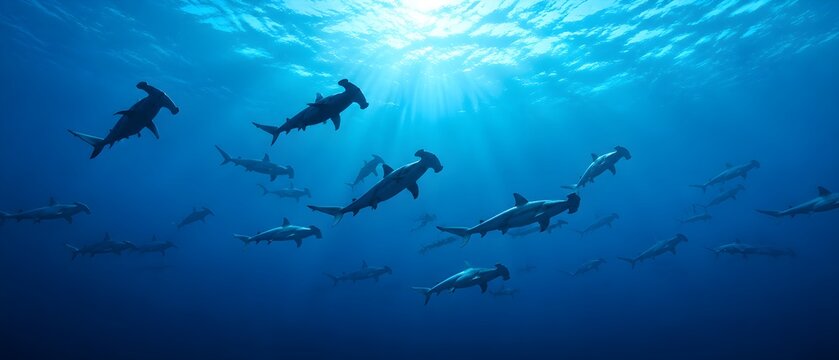 Hammerhead Shark School Beneath Glowing Blue Surface Symbolizing Teamwork Unity and Coordinated Ocean Movement Photography