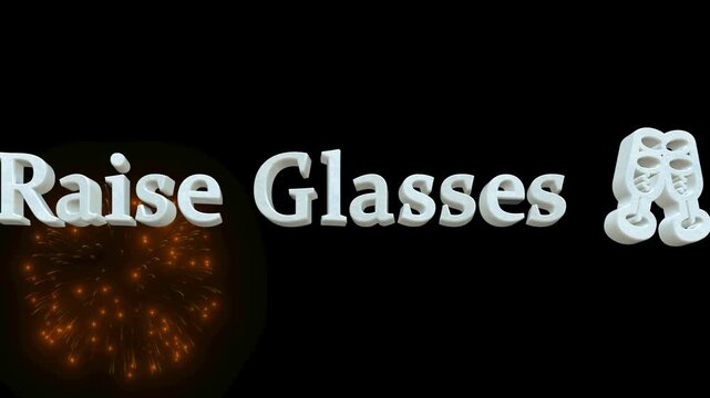 Raise glasses text is displayed in a clean white font next to a stylized icon of two champagne flutes clinking together, set against a black background to symbolize a festive toast or celebration.