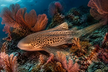 Obraz premium Zebra Shark Rests on Vibrant Coral Reef Surrounded by Sea Fans Under Warm Tropical Light