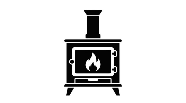 Vector illustration of wood burning stove icon with fire flame black fireplace symbol on a transparent background