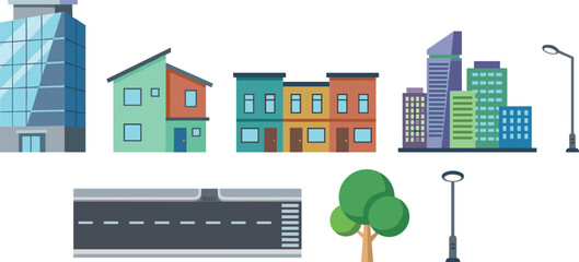 Obraz premium Modern Flat Style City Infrastructure Element Set Featuring Office Buildings, Residential Townhouses, Skyscrapers, Asphalt Road, Tree, and Street Lights