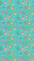 Seamless underwater pattern with cute cartoon fish and coral
