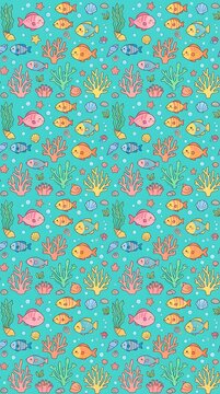 Seamless underwater pattern with cute cartoon fish and coral