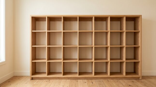 Empty wooden bookshelf with modular grid cubby organizer in minimalist room