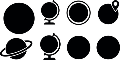 Minimalist Planet and Globe Icon Set Featuring Saturn Ring, Desktop Globes, Location Pin, and Blank Circular Spheres for Digital Graphic Mapping © MstAfrinaAkter