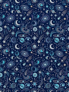 Whimsical dark blue celestial pattern with stars and planets