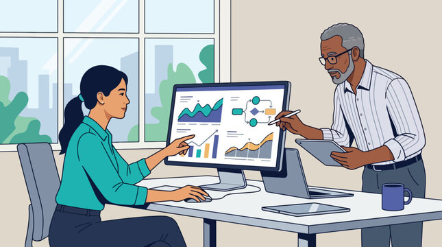 Professional business team analyzing financial data charts on computer screen in modern office 1. EPS Editable. Vector Illustrations.