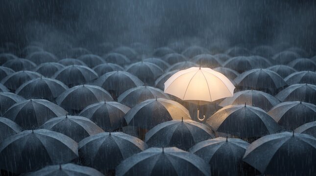 Glowing White Umbrella Standing Out Among Black Umbrellas in Heavy Rain Symbolizing Leadership and Uniqueness