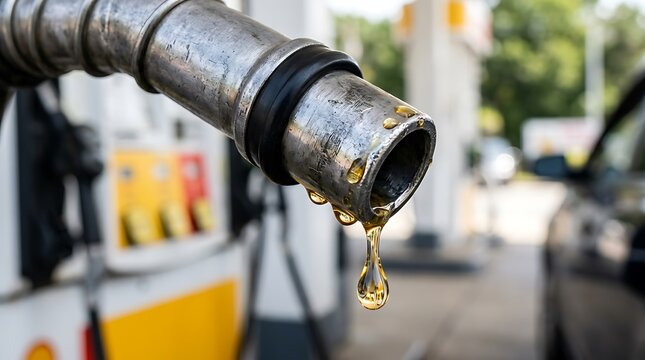 Fuel nozzle dripping golden gasoline at gas station, close up of petrol pump handle, oil and energy price concept with fuel drops