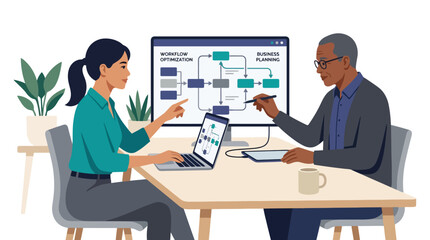 Fototapeta premium Professional Business Team Collaborating on Workflow Strategy and Project Planning. EPS Editable. Vector Illustrations.