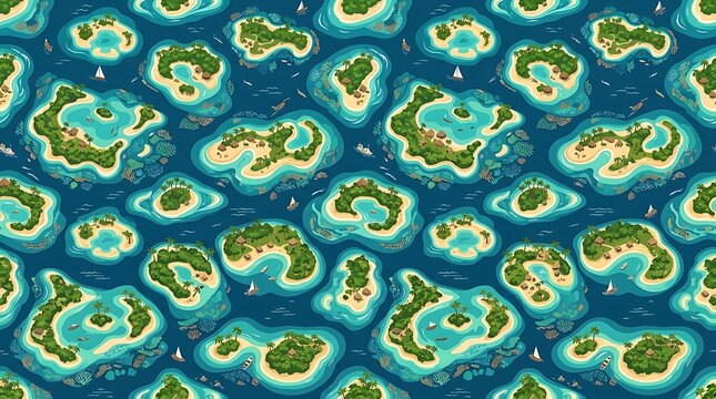 Aerial view seamless pattern of tropical islands and blue ocean