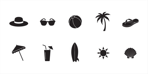 Displaying icons representing summer vacation essentials for travel and relaxation silhouttee © MdMufassel