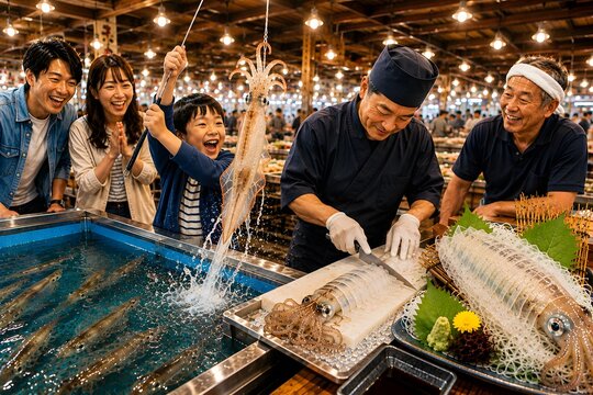 Happy family enjoying a live squid fishing experience at a seafood market in Hakodate, Hokkaido, Japan
北海道・函館の海鮮市場で活イカ釣り体験を楽しむ家族