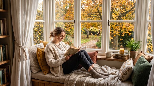 Young woman reading book in cozy window nook during autumn