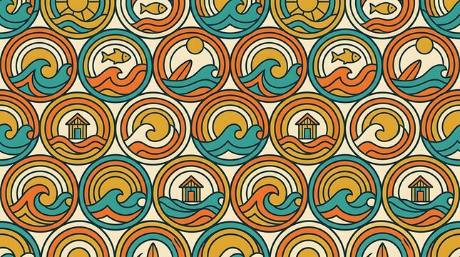 Vintage ocean badge seamless pattern with waves and surf elements