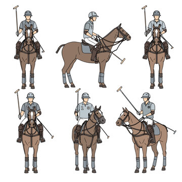 Set of five polo players in different colored uniforms on standing horses