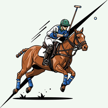 High action illustration of a polo player making a low shot during a fast match