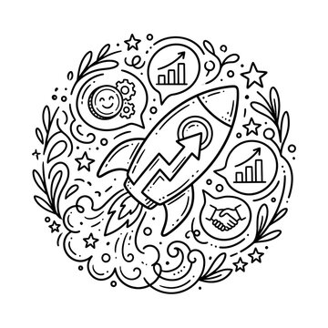 Rocket Launching With Growth Icons Doodle Hand Drawn Illustration