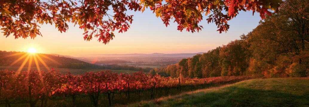 Vibrant autumn vineyard bathed in golden sunrise, framed by colorful foliage