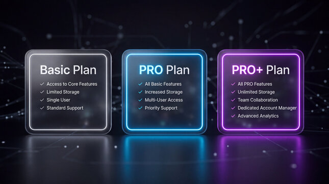 Pricing table UI design template with basic pro and pro plus plan tiers on dark futuristic background